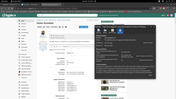 Skärmdump av ett diskussionsforum med ett öppet SSL-certifikatinformationsfönster.