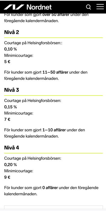 Skärmklipp av Nordnets prislista med courtage-nivåer 2, 3 och 4 för aktiehandel på Helsingforsbörsen.