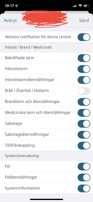 Skärmdump av en app för hemlarm med inställningar för olika typer av notifikationer och larm.