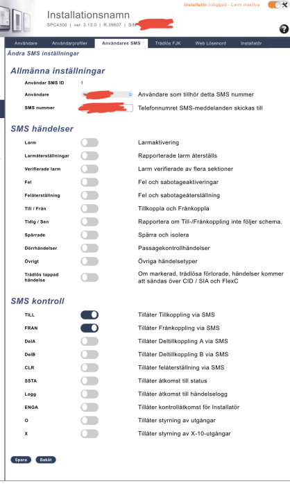 Skärmdump av gränssnitt för SMS-inställningar i ett säkerhetssystem med menyalternativ och reglage.