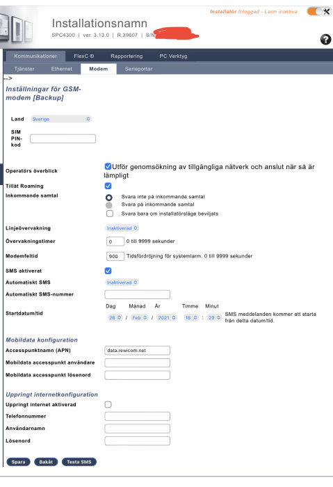 Skärmbild av inställningsmenyn för GSM-modem med fält för APN och andra konfigurationsalternativ.