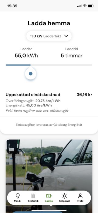 Skärmdump av Göteborg Energi-app som visar laddstatistik för elbilsladdning och kostnadsuppskattning.