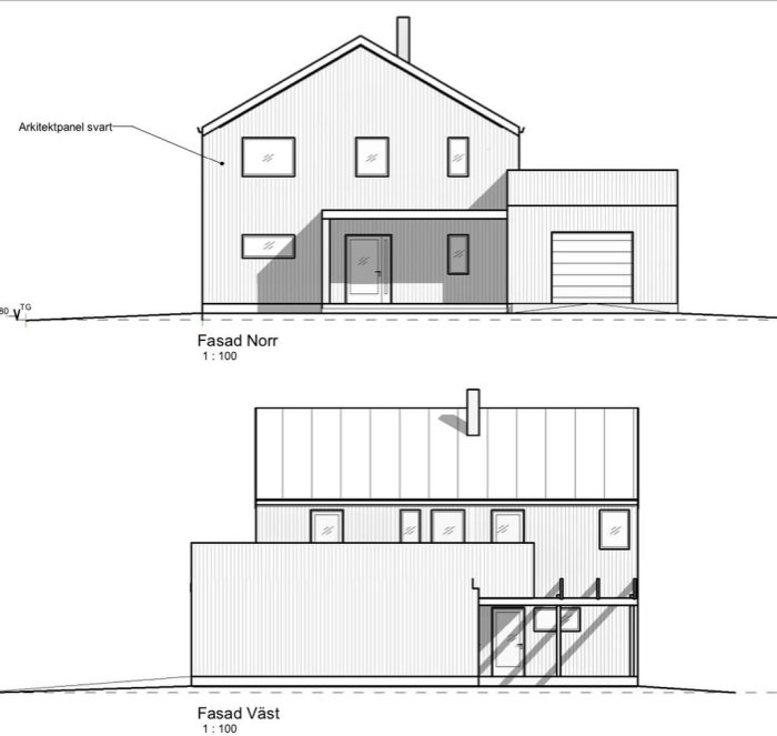 Arkitektritningar av norra och västra fasaden för ett hus med svart arkitektpanel och garage.