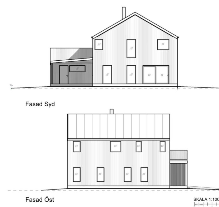 Arkitektritningar av fasaderna Syd och Öst för ett anpassat hus på en smal tomt.