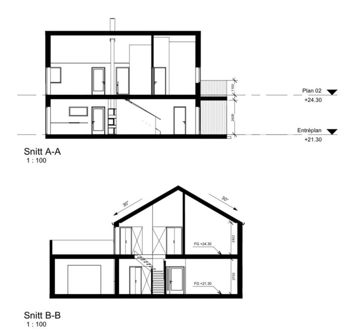 Arkitektoniska ritningar av en planskiss och sektioner A-A och B-B för ett hus med måttangivelser.