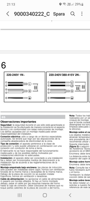 Diagram visar olika sätt att koppla en spishäll; vänster för 220-240V 1N och höger för 220-240V/380-415V 2N.