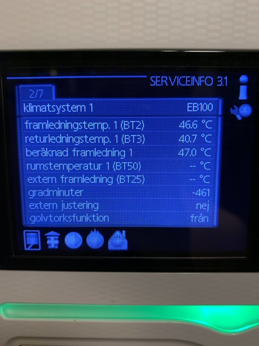 Skärmbild av en värmepumps klimatsystem med temperaturinformation på displayen.