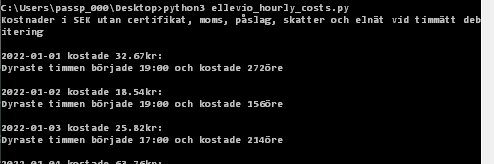 Skärmdump av ett Python-skript som beräknar timvisa energikostnader med utdata i konsolfönster.