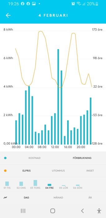 Graf med elanvändning och elpriser över tid markerade med linjer och staplar för den 4 februari.