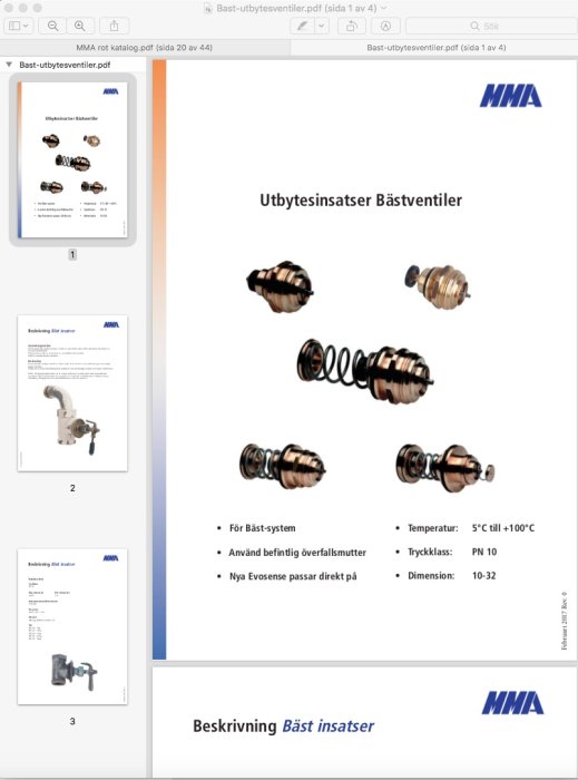 Skärmavbild av en PDF med "Bäst-utbytesventiler" för värmesystem, inklusive produktspecifikationer och bilder.