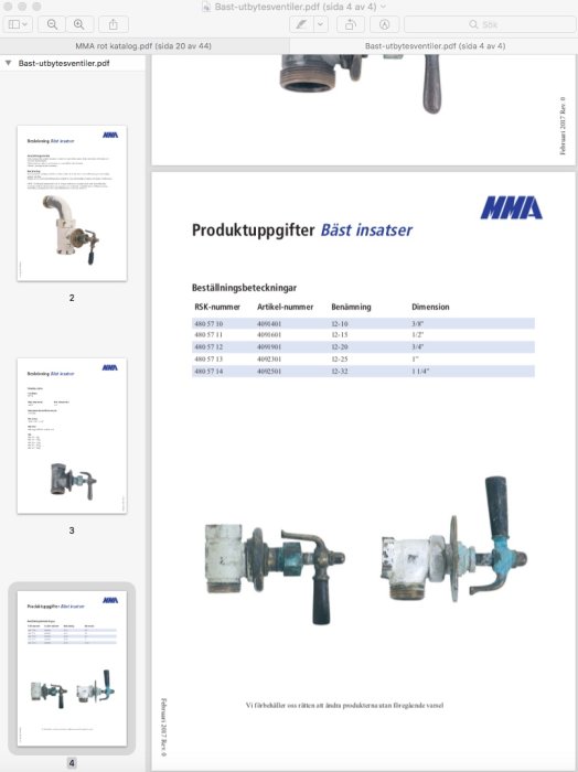 Bild på dokument med produktinformation och bilder av olika modeller av 'Bäst' utbytesventiler för element.