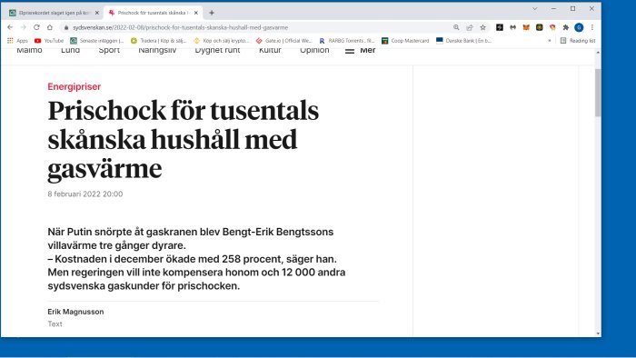 Skärmdump av en nyhetsartikel om prisökning på gasvärme för skånska hushåll daterad 8 februari 2022.