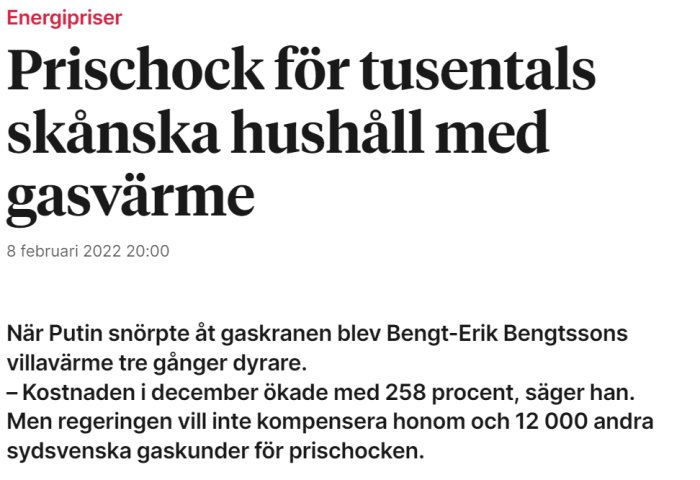 Skärmdump av nyhetsartikel om prischock för gasvärme i skånska hushåll.