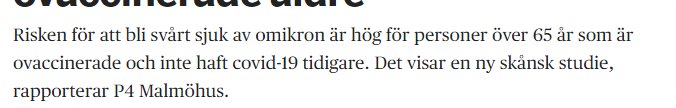 Skärmdump av text från en artikel som diskuterar risker med Omikron för ovaccinerade äldre som inte haft COVID-19 tidigare.