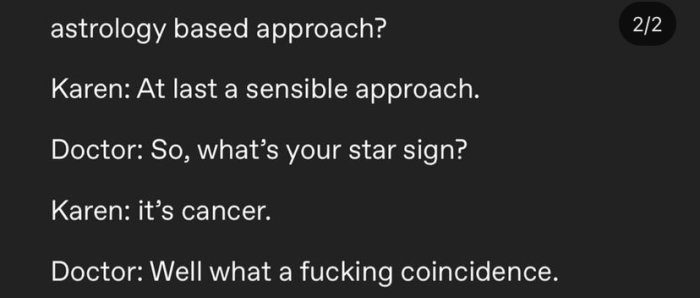 Textdialog mellan "Karen" och en läkare om astrologi och stjärntecken, med oväntat svärord i slutet.