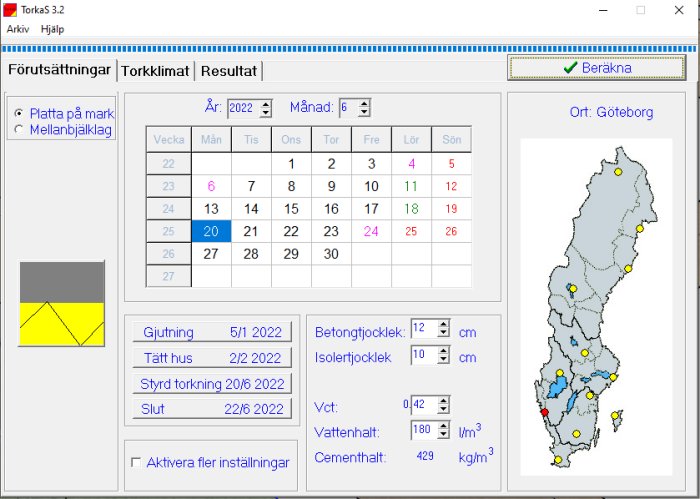 Skärmbild av programmet TorkaS visande en kalender och byggprojektdata för Göteborg.