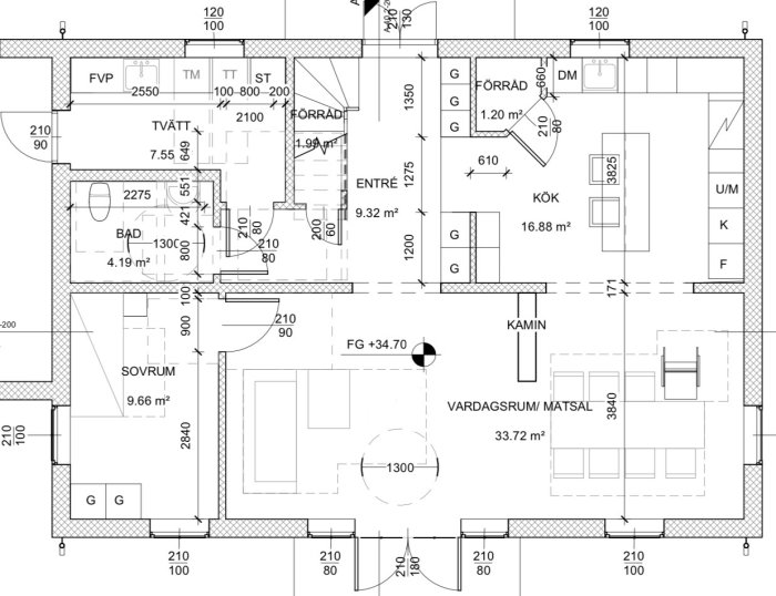 Arkitektritning av tvåplanshus med planlösning för entré, kök, vardagsrum/matsal, sovrum och badrum.