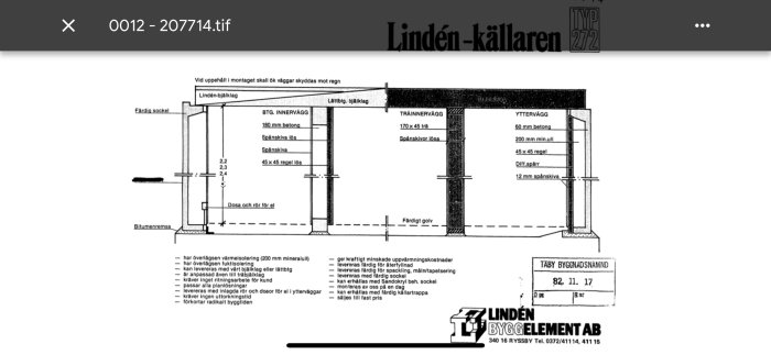 Sektion av hus med ritningsdetaljer och markerad vägg som ska rivas.