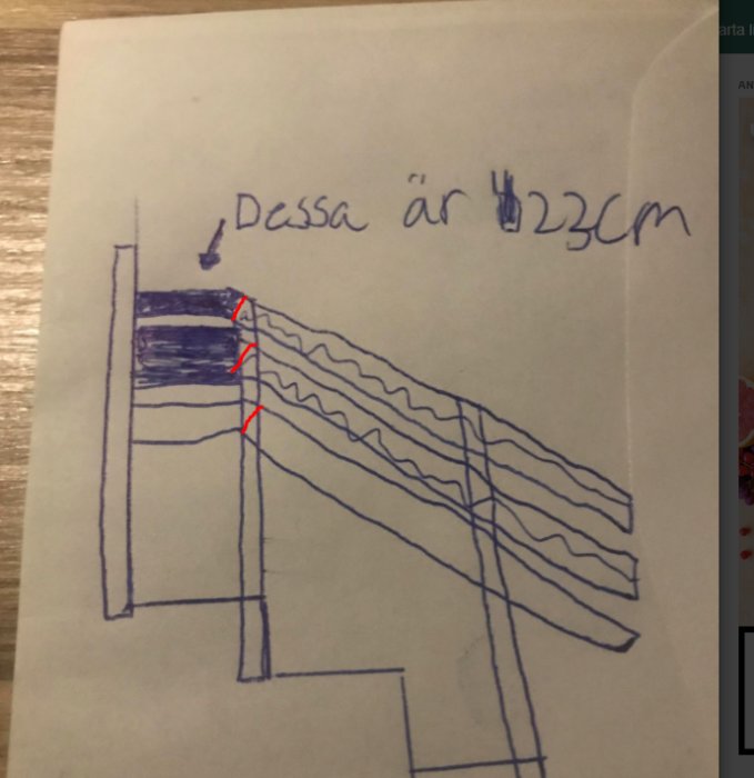 Handritad skiss av ett byggprojekt med markerad röd linje som visar skärningsvinkeln mellan brädor.