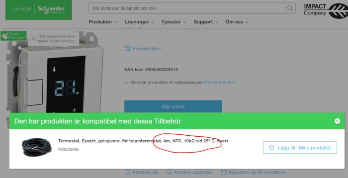 Skärmklipp på Schneider Electrics webbsida som visar en termostat med digital display.