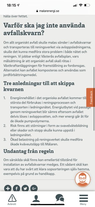 Skärmdump av en webbsida med artikeln "Varför ska jag inte använda avfallskvarn?" och information om problem med avfallskvarnar.