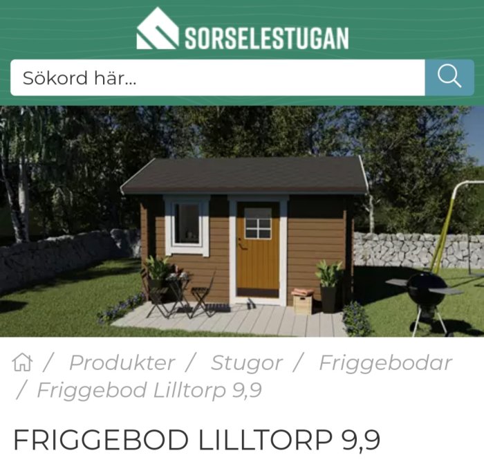 Friggebod från Sorselestugan modell Lilltorp 9,9 kvm i trädgårdsmiljö.