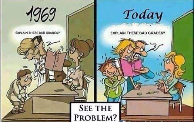 Comic strip juxtaposing parental reactions to bad grades in 1969 versus today, with a shift in accountability.