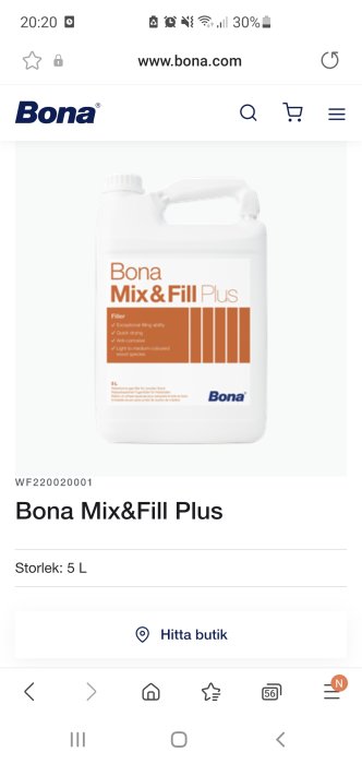 Flaska av Bona Mix & Fill Plus på 5 liter för trägolvsreparation.