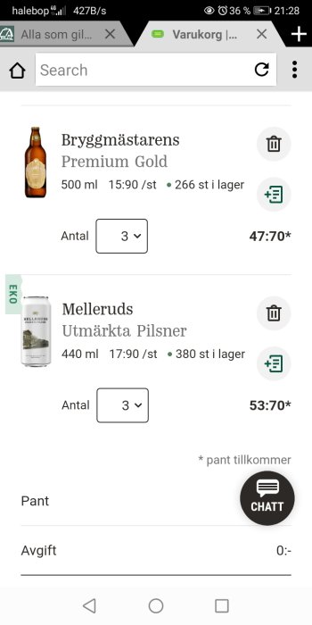 Skärmdump av en webbshop som visar två ölsorter, Bryggmästarens Premium Gold och Melleruds Ekologiska Pilsner.