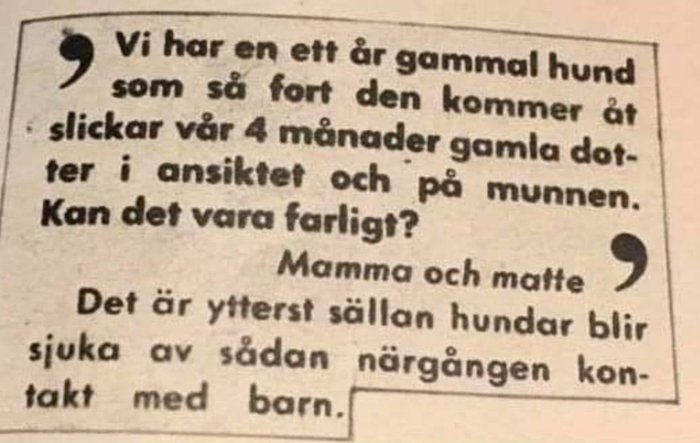 Utdrag ur en skriven text där en förälder frågar om riskerna när deras hund slickar på barnets ansikte och mun.