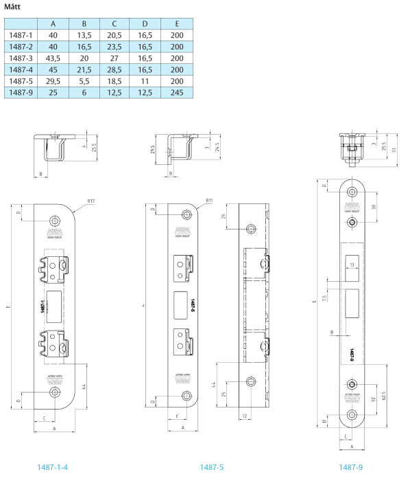 Teknisk ritning som visar mått och design för olika modeller av låsslutbleck, 1487-1 till 1487-9, från Assa Abloy.