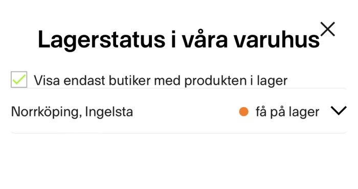 Skärmdump visar lagerstatus för en sportaffär i Norrköping, markerar "få på lager".