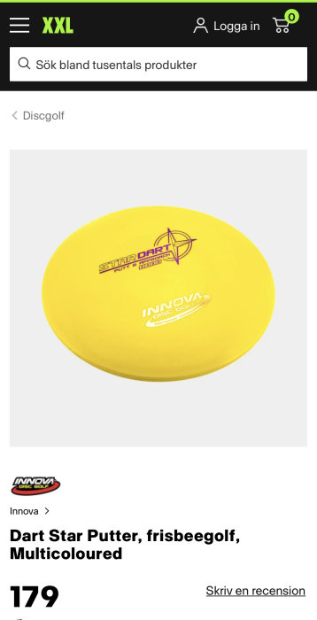 Gul Innova Star Dart putter för frisbeegolf med logotyp och text, skärmdump från XXL:s webbshop.