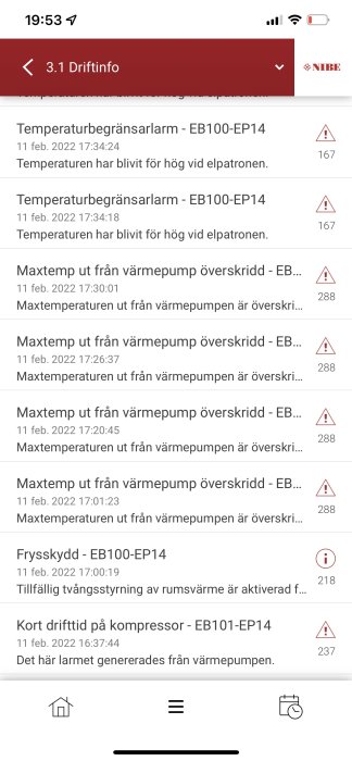 Skärmvisning av felmeddelanden från en Nibe värmepump, inklusive larmkod 167 och temperaturvarningar.