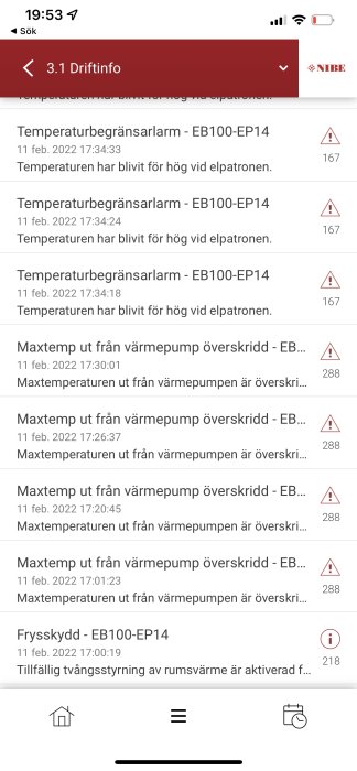 Display på värmepump visar flera felmeddelanden, inklusive temperaturbegränsarlarm och maxtemperaturöverskridande.