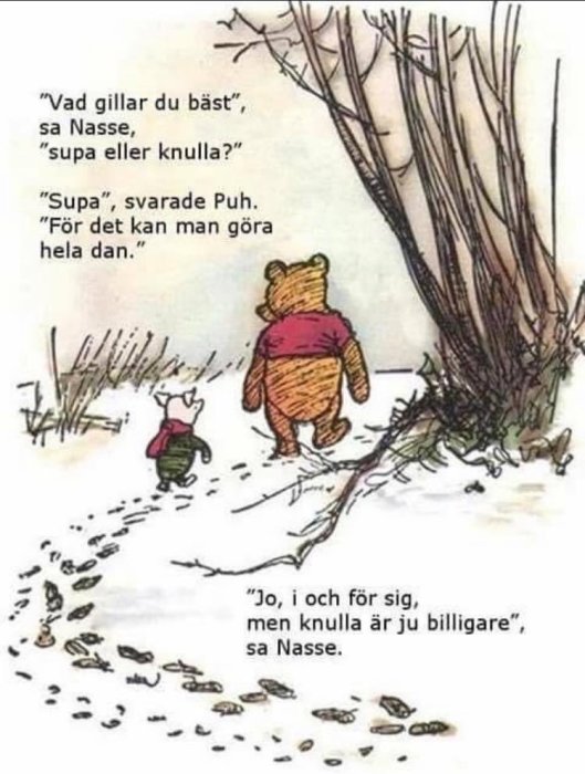 Illustration av Nalle Puh och Nasse som går i snön och pratar, med fotspår runtomkring.