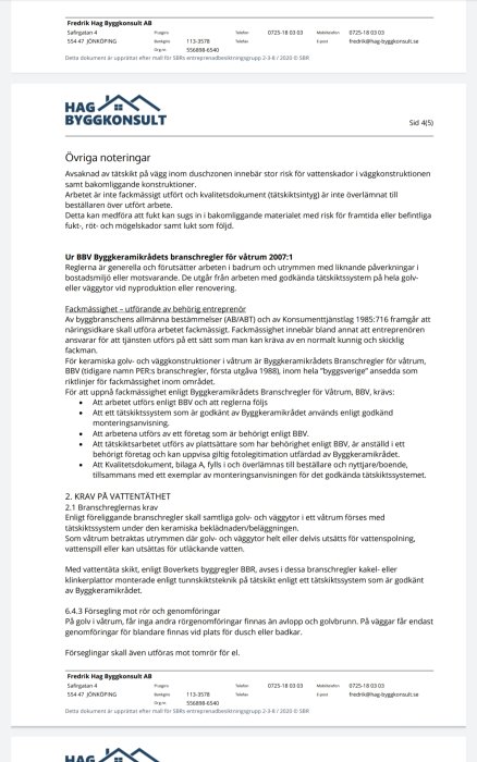 Bilddokument med text om byggnormer och anvisningar från en byggkonsultfirma.