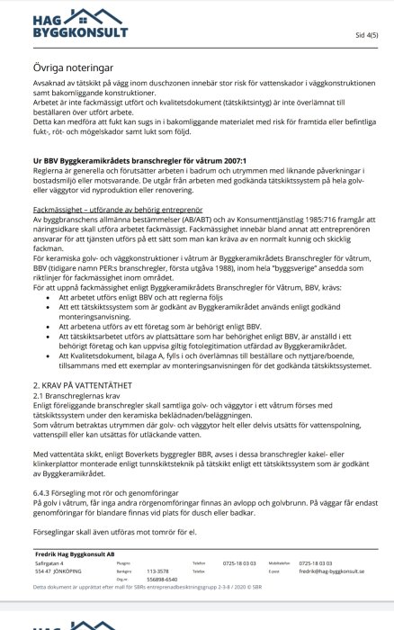 Bild på en utskriven sida med text från en byggkonsult om regler och krav för våtutrymmen i byggprojekt.