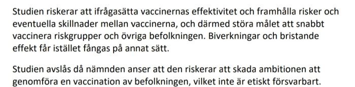 Skärmbild av ett dokument med text som diskuterar etiska invändningar mot en vaccinationsstudie baserat på dess potentiella effekt på vaccinationsambitioner.