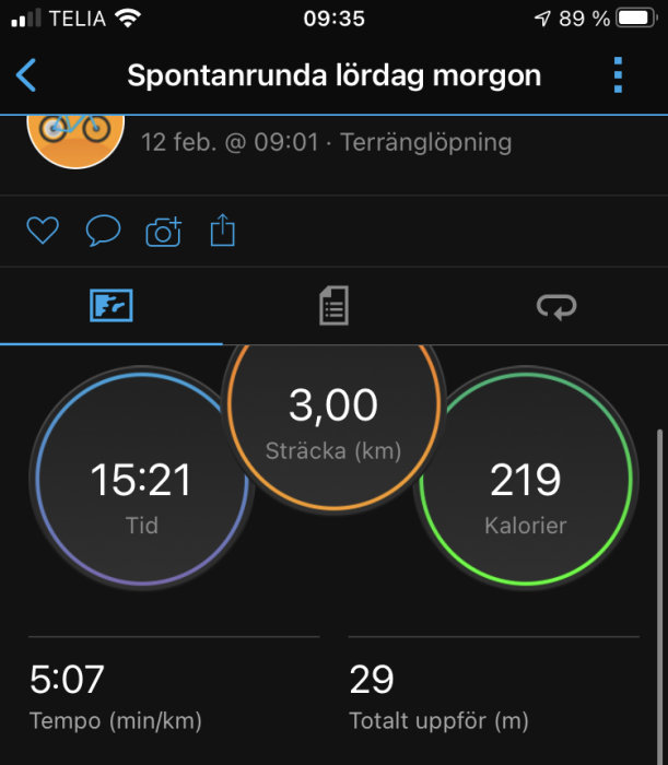 Skärmdump av träningsapp som visar resultatet av en löprunda med sträcka på 3 km, tid 15:21, och förbrukade kalorier 219.