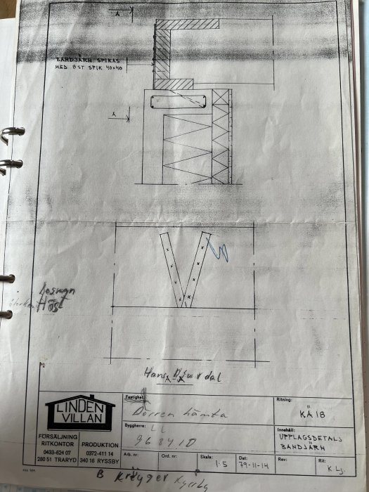 Äldre, handritad byggritning märkt "KÄ18" med tekniska detaljer och kommentarer, från Linden Villan.