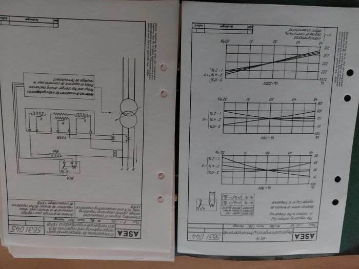 Gamla tekniska diagram och tabeller från 30- till 50-talet på två uppslagna papper.