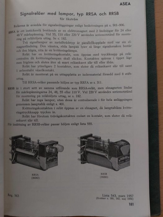 Svartvit bild av en manual från 1957 som visar två elektriska signalreläer, modell RRSA och RRSB, från tidigt 1900-tal.