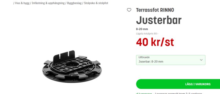 Justerbar terrassfot av plast, använd för att bygga altan, visad med prisinformation.