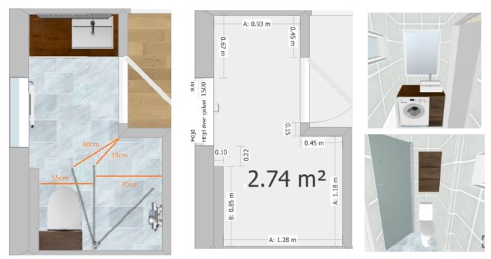 Ritningar och 3D-vyer på ett litet badrum med måttsatta ytor för dusch, handfat och toalett, samt tvättmaskin.