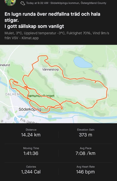 Skärmdump av löparapp med karta som visar löprunda på 14,24 km med tid och statistik.