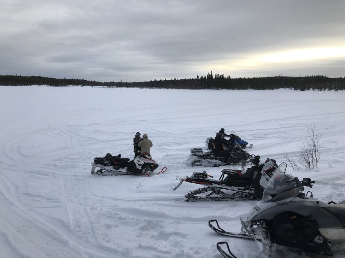 Tre snöskotrar och personer på ett snötäckt landskap med träd i bakgrunden under en grå himmel.