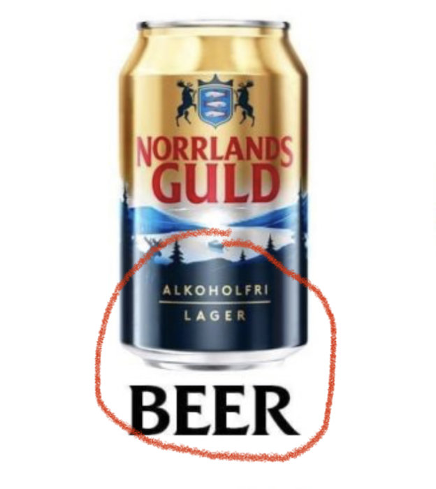 Burk Norrlands Guld alkoholfri öl med ordet "BEER" och en röd ring runt "alkoholfri Lager".