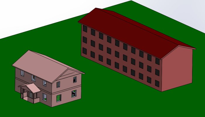 3D-modell av en tvåvåningsvilla och en större byggnad med sadeltak på 25 grader och nockhöjd på 9 meter.