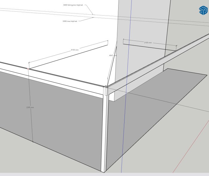 3D-skiss av altankonstruktion med måttangivelser för stolpar och bärlinor.